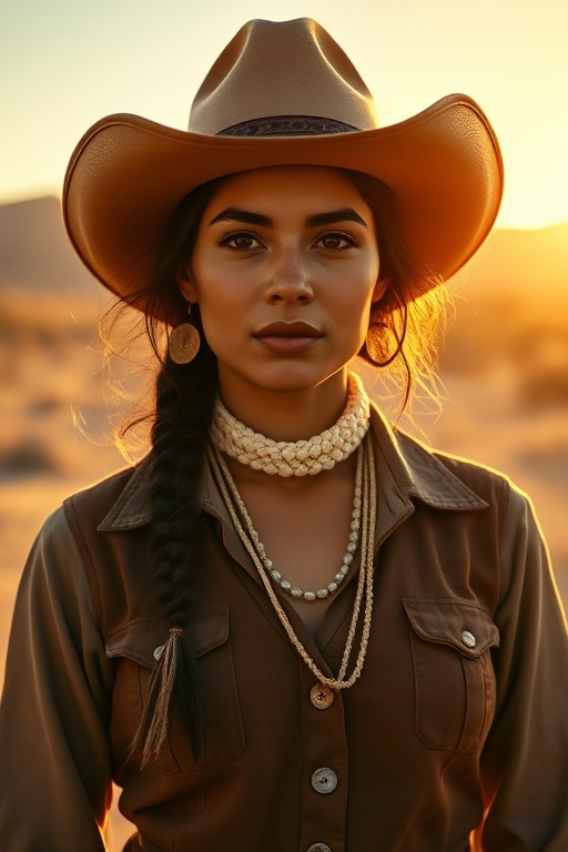 Dramatic photo of a beautiful Maori woman, classic cowboy attire, confident and free spirit expression, half-length portrait, centered, golden hour desert landscape, warm, diffused light, low angle, medium format film camera, in style of Annie Leibovitz.