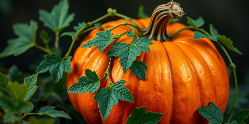 Create a detailed digital illustration of a pumpkin, emphasizing its vibrant orange color, with intricate green leaves and vines, using a Canon EOS R5 camera, 85mm lens, f/1.8 aperture, ISO 100, in soft natural lighting, and a shallow depth of field for a crisp foreground against a dark background.