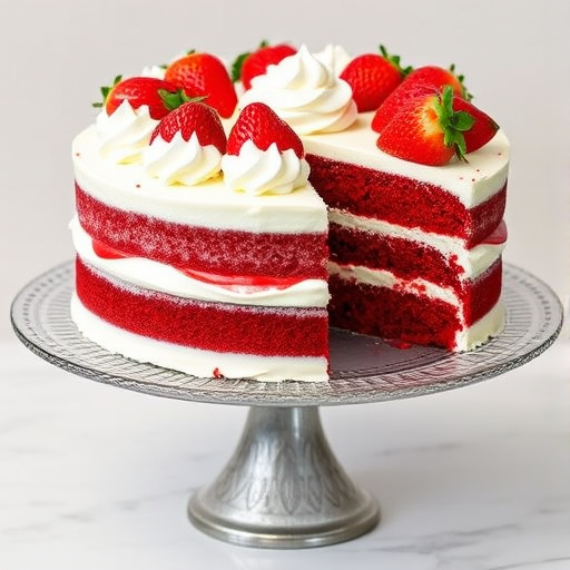 A beautifully decorated cake with layers of red velvet and white cream filling, topped with fresh strawberries and a swirl of whipped cream, displayed on an elegant cake stand with a slice removed showcasing the layers inside.