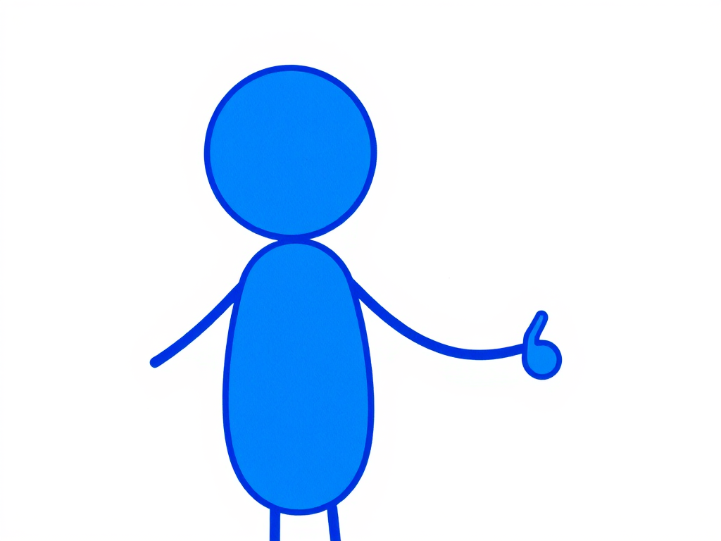 Create a high-resolution illustration of a simple blue stick figure with an oval body, pointing with one finger, set against a plain white background, with a focus on vibrant colors and clarity, shot in a close-up view with a DSLR camera at f/8 aperture, ISO 100, and a focal length of 35mm to enhance image quality.