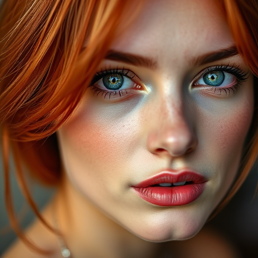 Create a close-up portrait of a female model with striking red hair and captivating green eyes, featuring soft natural lighting, an aperture of f/1.8 for shallow depth of field, ISO 100 for optimal clarity, and a 50mm lens on a DSLR camera to enhance image quality.