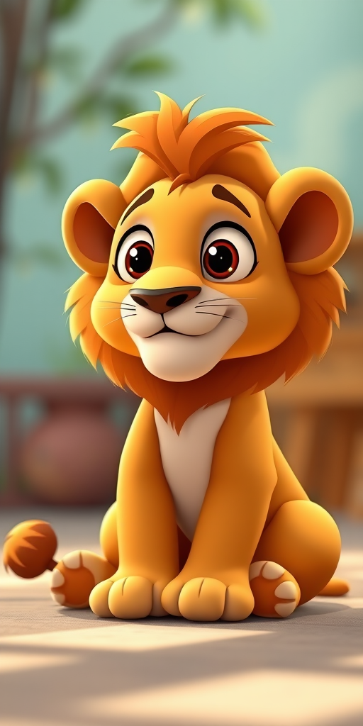 Create a high-resolution cartoon image of a cute sitting lion with large eyes, in a bright environment, using a Canon EOS 90D, 50mm f/1.8 lens, f/4 aperture, ISO 100, and a soft focus background.