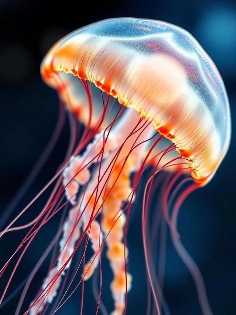 Create a high-resolution digital illustration of a jellyfish with intricate line work and soft watercolor effects, using a macro lens with a shallow depth of field, at f/2.8 aperture, ISO 100, shutter speed 1/250s, captured from a slightly above perspective, to enhance detail and color vibrancy.