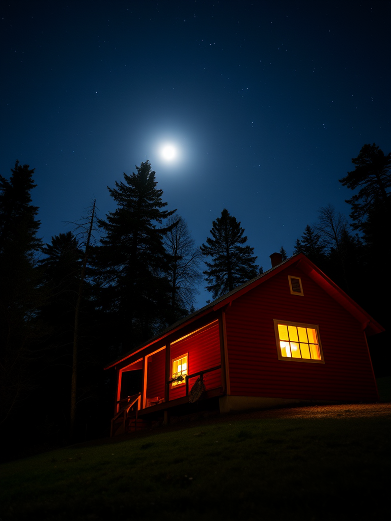 Create a nighttime scene of a red wooden house with a warm light glowing from the window, surrounded by trees under a full moon and starry sky, taken with a DSLR camera at ISO 800, f/2.8, 30 seconds exposure, capturing a wide-angle view with a soft-focus effect.