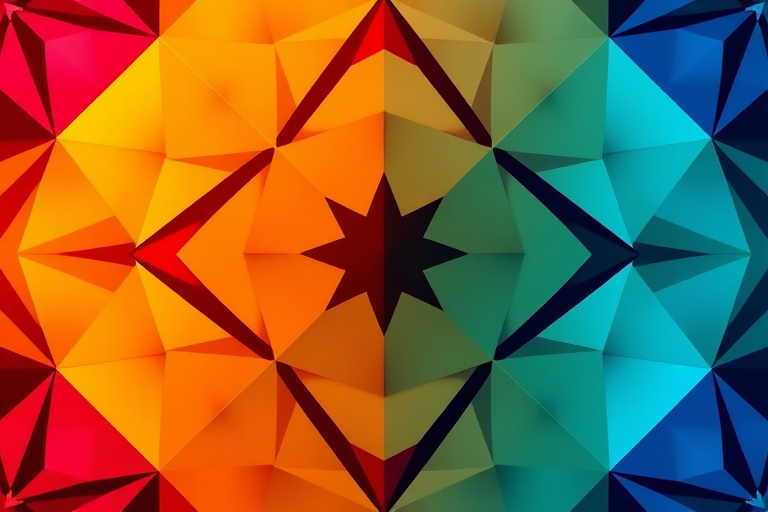 Create a high-resolution abstract geometric pattern with vibrant colors and sharp angles, using a DSLR camera with a focal length of 50mm, aperture set to f/2.8, ISO 100, shot in landscape orientation, and a macro lens style to enhance detail and clarity.