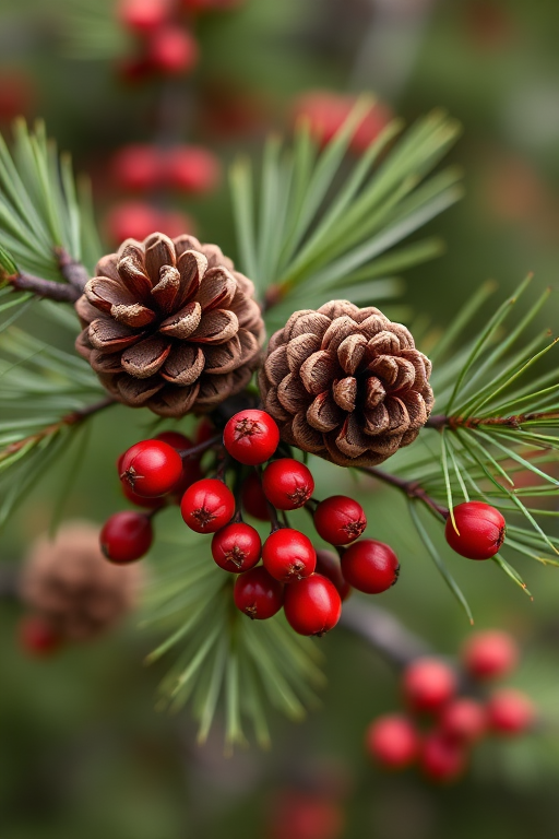 Create a high-resolution image of pine cones and red berries on a branch, using an 85mm lens, f/2.8 aperture, ISO 100, natural light, and a shallow depth of field for a soft background.