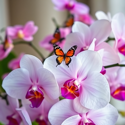 Close-up shot of a vibrant arrangement of white and purple orchids with pink flowers, butterflies in soft-focus background, use a DSLR camera with a 50mm lens, aperture f/2.8, ISO 100, natural light, shallow depth of field.