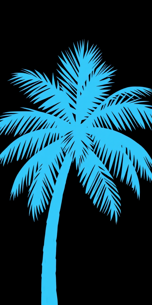 Generate a vector-style image of a stylized blue palm tree on a black background, with a resolution of 300 DPI, using a Canon EOS R5 camera, 50mm lens, f/1.8 aperture, and soft diffused lighting.