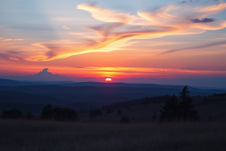 Create a high-resolution image of a serene landscape at sunrise with vibrant colors and soft clouds, using a DSLR camera, 50mm lens, f/1.8 aperture, ISO 100, shutter speed 1/125 sec, shot from a low angle to capture depth and foreground detail.