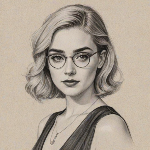 Dazzling Meg Donnelly, pencil sketch, portrait of Magnificent woman 1920s in glasses, hair style beatnik, outline, clear lines, fine lines, 8k
