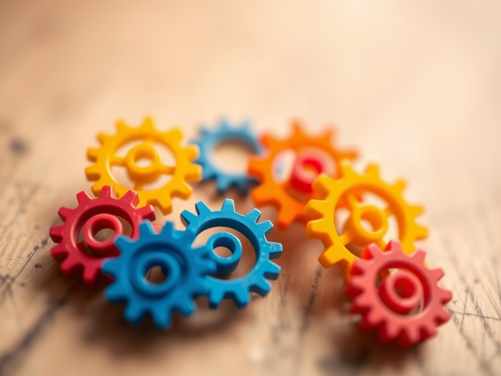 Create an abstract image of colorful gears in vibrant yellow, blue, red, and orange arranged on a soft, blurred background with bokeh effect, captured with a DSLR camera, 50mm lens, f/1.8 aperture, ISO 200, in a shallow depth of field for enhanced clarity.