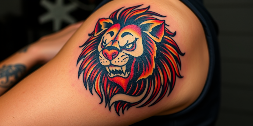 Striking neo-traditional body tattoo of a fierce lion head on the upper arm, executed in bold lines and rich saturated colors with a touch of art nouveau influence