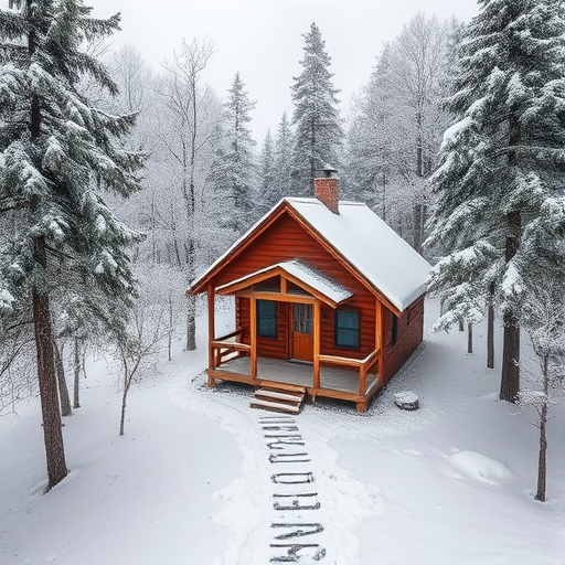 A serene winter landscape featuring a cozy wooden cabin surrounded by frosted trees and snow, captured with a DSLR camera, 50mm lens, f/2.8, ISO 100, 1/200 sec, natural light, aerial view, emphasizing the contrast between the cabin and the snowy surroundings.