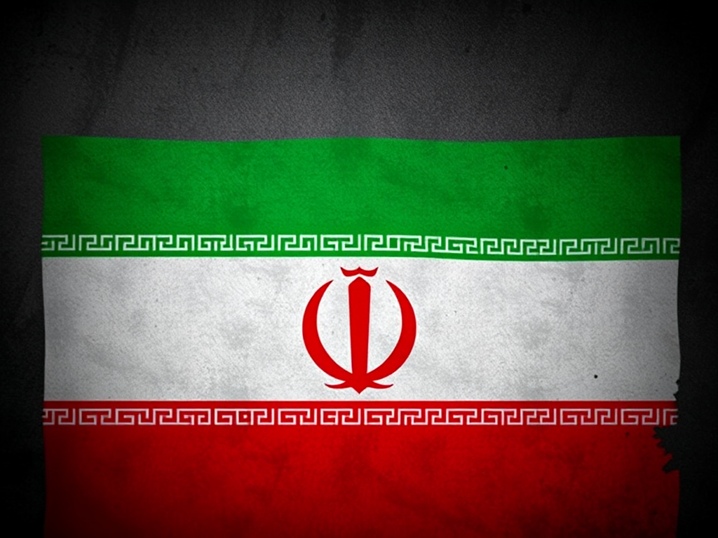 Create a high-resolution image of the Iranian flag with a textured, grunge background, shot with a DSLR camera at f/8, ISO 100, 50mm lens, capturing a front view to enhance color vibrancy and detail.