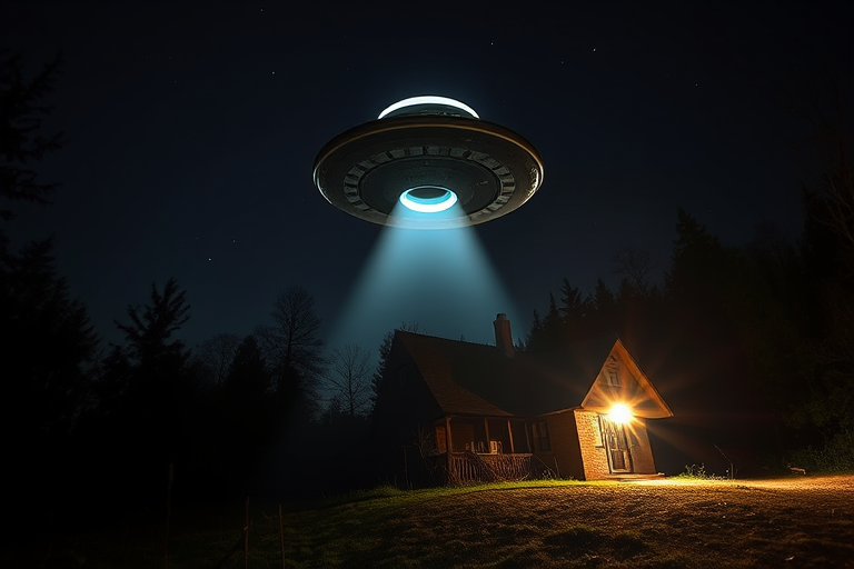 Create an image of a UFO hovering above a secluded house at night with a beam of light shining down, capturing the eerie atmosphere with a wide-angle lens, f/2.8 aperture, ISO 400, 24mm focal length, and a long exposure of 10 seconds for enhanced detail and light contrast.
