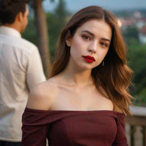 A candid shot of a young woman in the foreground, captured in a moment of contemplation. She is dressed in a simple black off-the-shoulder top, with her long brown hair cascading down her shoulders. Her makeup is subtle, with a focus on her eyes and lips, which are accentuated with a deep red lipstick. The woman's pose is relaxed, with one hand adjusting her dress and the other resting on her shoulder. In the background, a group of people, possibly at a party or gathering, is visible, with some wearing casual attire, suggesting a relaxed, social atmosphere. The lighting is soft, with warm hues, possibly from the setting or rising sun, casting a gentle glow on the scene. The overall mood of the image is one of calm and introspection.