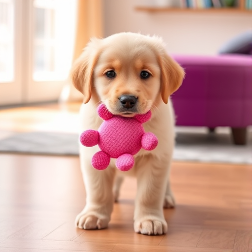 A fluffy golden retriever puppy holding a pink plush toy in its mouth standing on a wooden floor in a bright room with a purple ottoman in the background