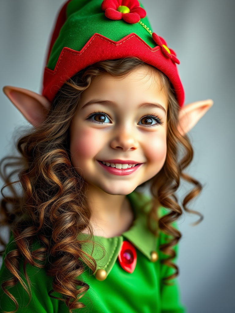 A cheerful elf girl with curly brown hair, wearing a bright green outfit and a red-and-green hat with a flower on top, in high resolution, 50mm lens, f/2.8 aperture, soft focus, portrait style, digital camera.