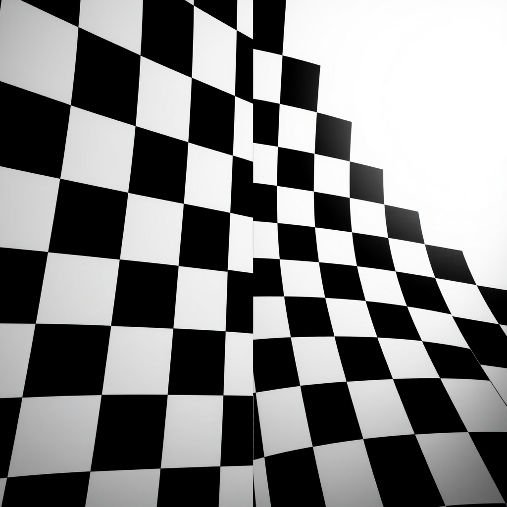 Create a high-contrast black and white checkerboard pattern with a central vertical line, captured with a DSLR camera at f/8 aperture, 1/200 sec shutter speed, 24mm focal length, and a perspective view to emphasize depth.
