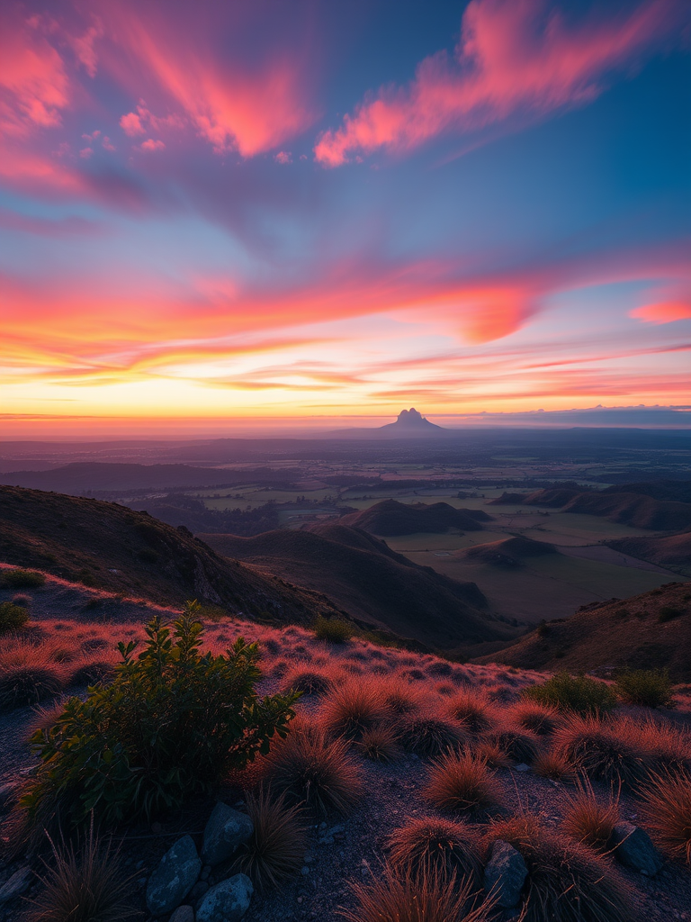 Generate a high-resolution image of a serene landscape at sunrise with vibrant colors, using a Canon EOS R5, 24mm f/1.4 lens, ISO 100, aperture f/8, and shutter speed 1/100 sec, shot in landscape orientation to enhance depth and detail.
