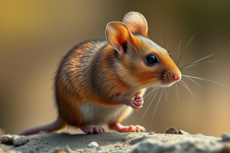 Create a highly detailed illustration of a brown mouse in profile view, with a focus on realistic textures and soft shadows, using a DSLR camera with a 50mm lens, aperture f/2.8, ISO 100, and a shallow depth of field to enhance image quality.