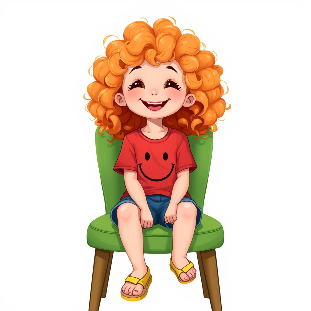 Create a high-resolution digital illustration of a cheerful young girl with curly orange hair sitting on a green chair, wearing a red smiley face t-shirt, blue shorts, and yellow sandals, soft lighting, 50mm lens, f/2.8 aperture, shot from a slightly low angle to emphasize her smile, using a digital drawing tablet.