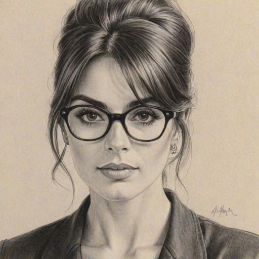 Enticing Ada Nicodemou, pencil sketch, portrait of Exquisite woman 1964s in glasses, hair style beatnik, outline, clear lines, fine lines, 8k