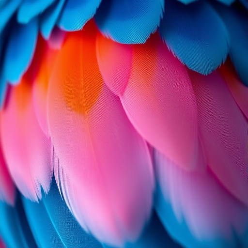 vibrant feathers in gradient shades of blue, pink, and orange, macro lens, f/2.8 aperture, shutter speed 1/125s, ISO 100, soft natural lighting, high resolution, close-up shot with a shallow depth of field
