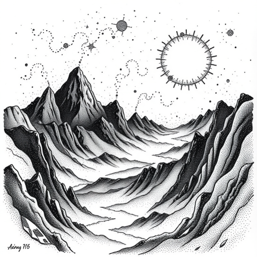 Dot work "Cosmic Topography" tattoo illustration depicting abstract landscapes and otherworldly terrain using meticulous stippling techniques to create depth texture and ethereal atmospheric effects