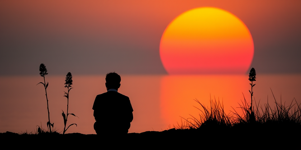 Regenerate the image of a silhouette person sitting by the water with two plants on either side, against a large orange sun in the background, using a Canon EOS R5 at f/8, ISO 100, 50mm lens, in a soft-focus style to enhance the colors and details.