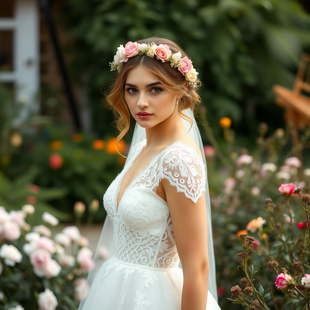 Garden scene, bridal model, delicate lace gown, floral headpiece, soft romantic focus, high-key lighting and an 85mm lens for soft, even tones that highlight the model’s face and bright outfit against a white or light background