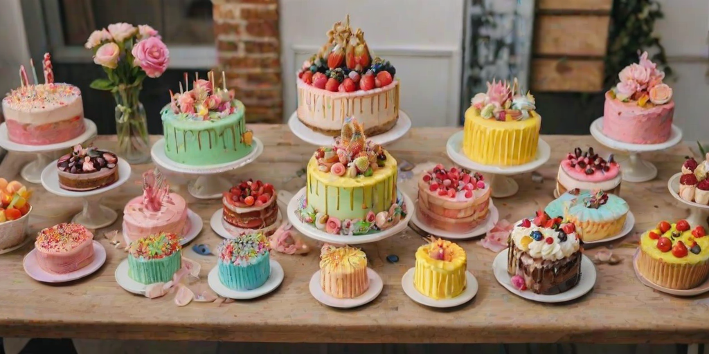 Create an image of a variety of colorful cakes arranged on a table. Include cakes with different designs, such as floral decorations, drips, and sprinkles. Ensure there are at least three cakes with unique color schemes and toppings, showcasing a mix of pastel and vibrant colors. The setting should be bright and cheerful, emphasizing the delightful appearance of the cakes.