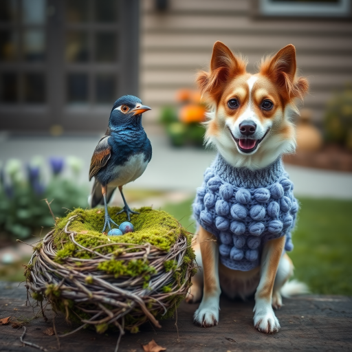 An image of a surreal, whimsical bird, a moss birds nest, sitting nearby is a dog, slightly smiling with a blueberry bobble stitch sweater, muted colors, natural textures, garden at back of house.