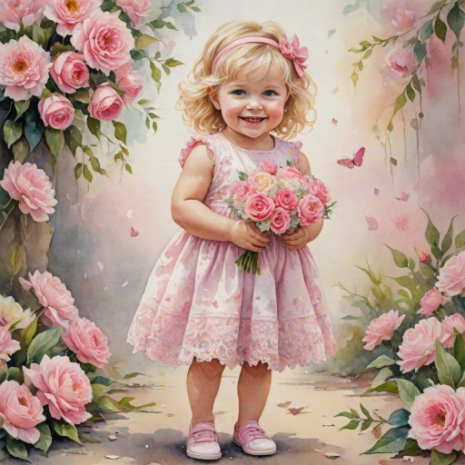 hyperrealism happy smiling toddler girl with messy wavy blonde hair with a headband, she is wearing a pink and white lace dress with pink and white shoes, she is holding a pink bouquet of flowers. Pink flowers and butterflies. summer background. Watercolor Highly detailed