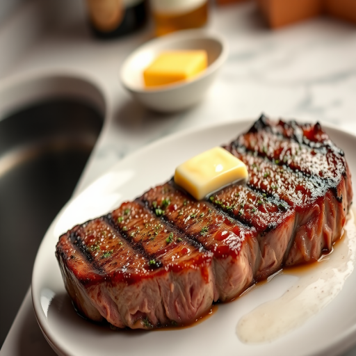 Create an image of a perfectly seared ribeye steak, resting on a white plate with a pat of melting butter on top. The steak is seasoned with fresh herbs like thyme and parsley, with glistening juices highlighting the texture of the meat. The background features a soft focus on a light, marble countertop, with a small dish of butter and an olive oil bottle in the distance. The overall mood should be warm and inviting, capturing the deliciousness and juiciness of the steak.