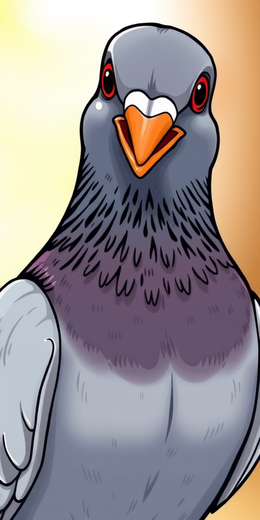 Create a high-resolution digital illustration of a cartoon-style pigeon with a light gray body, darker head, and bright orange beak, using a Canon EOS 5D Mark IV with an f/2.8 aperture, 50mm lens, and a soft natural light setting for optimal detail and vibrancy.