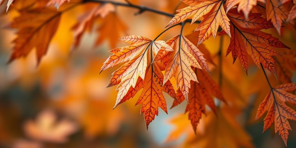 Capture a close-up shot of autumn oak leaves with vibrant orange and brown hues, using a Canon EOS 5D Mark IV, 50mm f/1.8 lens, aperture set to f/2.8, ISO 100, and a shutter speed of 1/200s, with a soft bokeh background to enhance the color contrast.