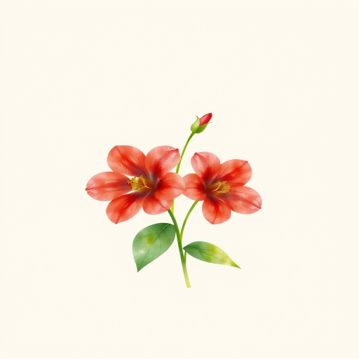 Create a detailed watercolor illustration of two red flowers with green leaves on a soft beige background, taken with a Canon EOS 5D Mark IV, 50mm lens, f/2.8 aperture, ISO 100, using a soft focus style for a delicate and serene effect.