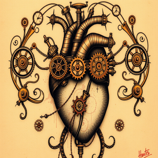 Steampunk-inspired tattoo called "Chronos Apparatus" depicting an intricate mechanical heart with gears, cogs, and pneumatic tubes, incorporating elements of Victorian-era design and industrial aesthetics, rendered in rich sepia tones with copper and brass accents