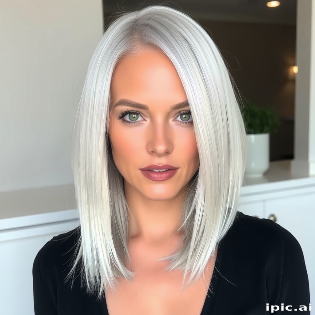Striking silver-haired beauty rocking a chin-length graduated bob with blunt ends, styled with a sleek, straight finish and icy blue lowlights for dimension