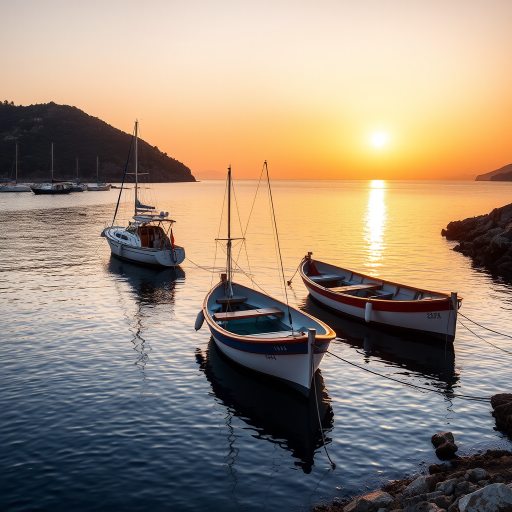 Regenerate a serene coastal scene with three boats docked in a calm bay during golden hour, capturing the warm, soft light reflecting on the water; use a DSLR camera, aperture f/8, ISO 100, shutter speed 1/250 sec, 35mm lens for a wide angle view.