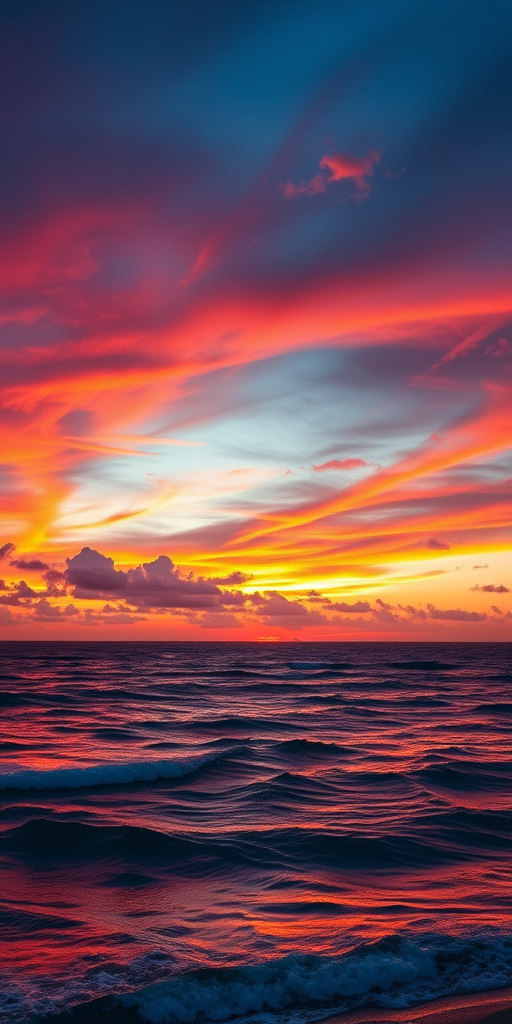 Create a high-resolution image of a vibrant sunset over an ocean horizon with vivid colors, using a DSLR camera, 35mm lens, aperture set to f/8, ISO 100, shutter speed 1/250s, capturing a wide-angle view for enhanced detail and depth.