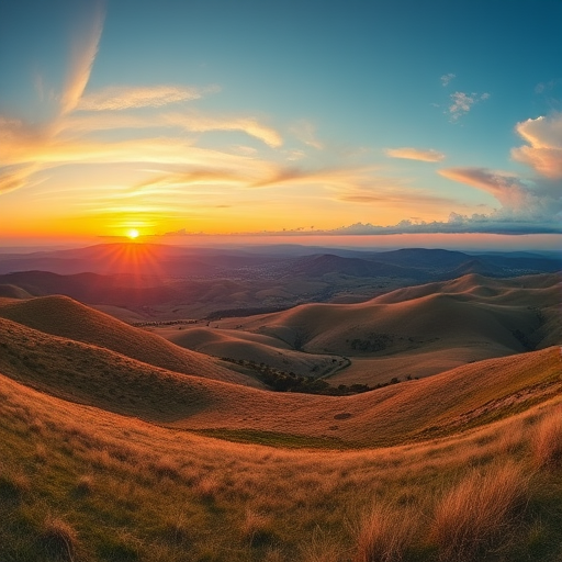 Generate an image of a serene landscape featuring rolling hills and a vibrant sunset, captured with a DSLR camera at f/8, 1/125 sec, ISO 100, wide-angle lens at 24mm, in a panoramic view to enhance depth and detail.