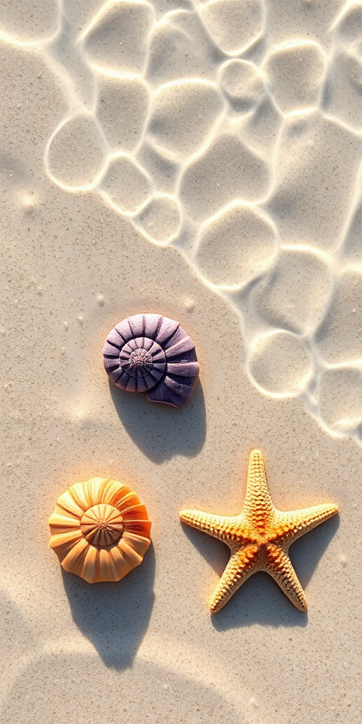 Create an image of a sandy beach with clear turquoise water, featuring a purple nautilus shell, a spiral shell, and a starfish prominently displayed on the sand, captured with a DSLR camera at f/8, ISO 100, and a 50mm lens from a bird's-eye view to enhance detail and vibrancy.