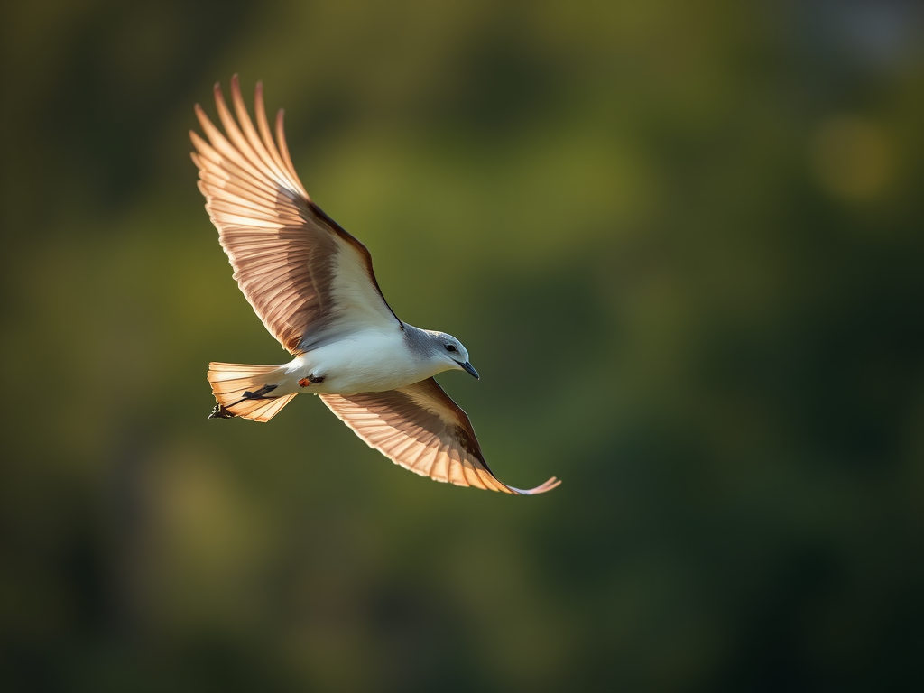 A soaring bird in flight captured with a Canon EOS R5, 50mm lens, f/2.8 aperture, ISO 200, 1/1000 sec shutter speed, natural light, side profile view, high dynamic range to enhance detail and color vibrancy.