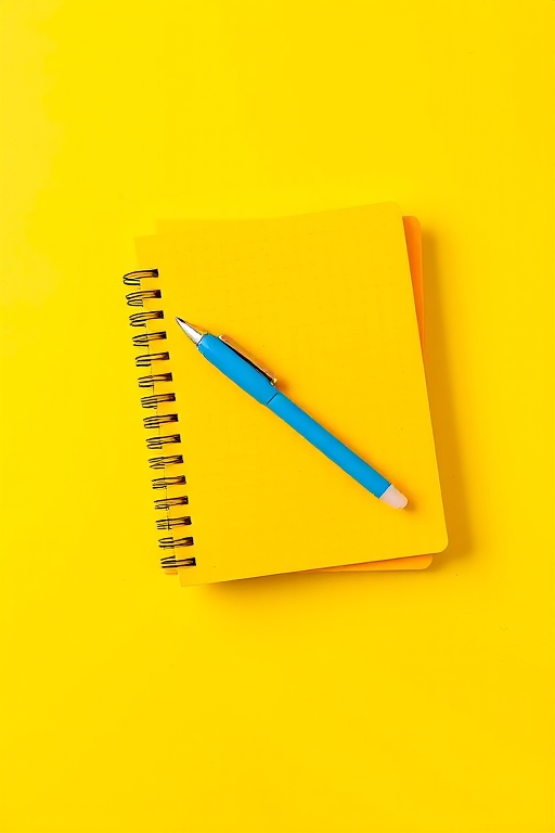 Create an image of two notebooks stacked on a bright yellow background with a blue pen placed diagonally across them, focus on high detail and vibrant colors, use a shallow depth of field, camera settings: ISO 100, aperture f/2.8, shutter speed 1/60s, camera view: top-down, camera style: modern, camera type: DSLR.