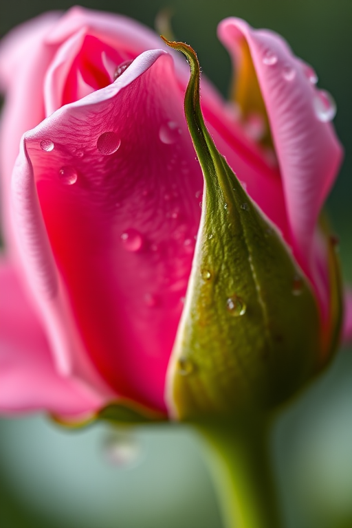 Close-up of a pink rosebud with dew drops on petals, shallow depth of field, taken with a macro lens, f/2.8 aperture, 1/200 sec shutter speed, ISO 100, natural light, blurred background for emphasis on the flower.