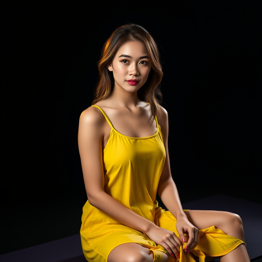 Resplendent photo of woman:Chinese:0.4, highlight hair, wearing Banana dress, sitting on Yoga mat, rim lighting, studio lighting, looking at the camera, dslr, ultra quality, sharp focus, tack sharp, dof, film grain, Fujifilm XT3, crystal clear, 8K UHD, highly detailed glossy eyes, high detailed skin, skin pores