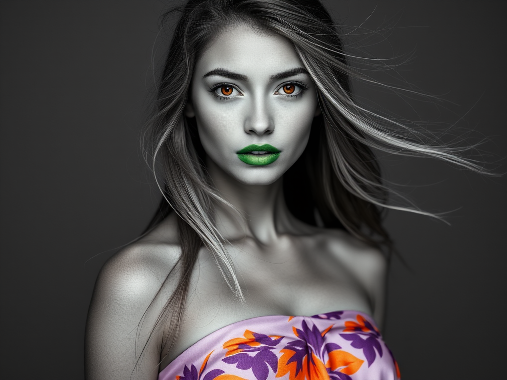 Photographic image of a beautiful young Aztec woman, orange eyes, lips with green lipstick, long hair fluttering in the wind and wearing a silk strapless dress with a soft purple and orange print. monochrome image with only color highlights in the iris of the eyes, lipstick and dress. Gray background.