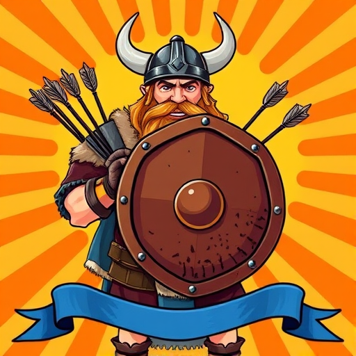 Create a vibrant cartoon-style illustration of a Viking warrior holding a shield riddled with arrows, set against a radiant orange sunburst background, with a decorative blue ribbon at the bottom; use a DSLR camera type, ISO 100, aperture f/4, shutter speed 1/250, focal length 50mm, and a soft focus view to enhance image quality.